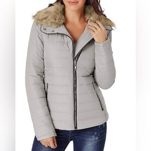 Luvamia Parka Quilted Puffer Jacket with Faux Fur Trim Gray & Tan Brown